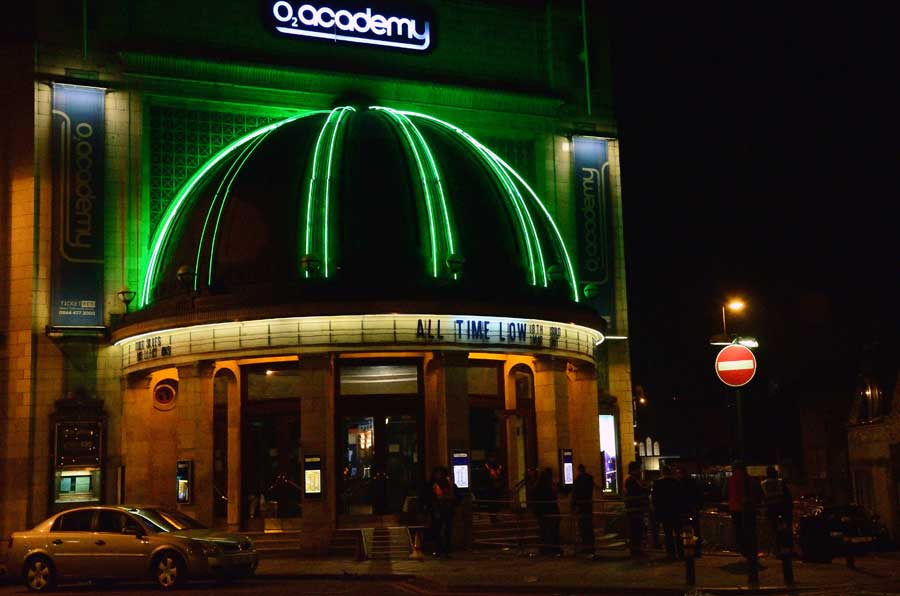 Green neon lights on the O2 Academy Brixton London