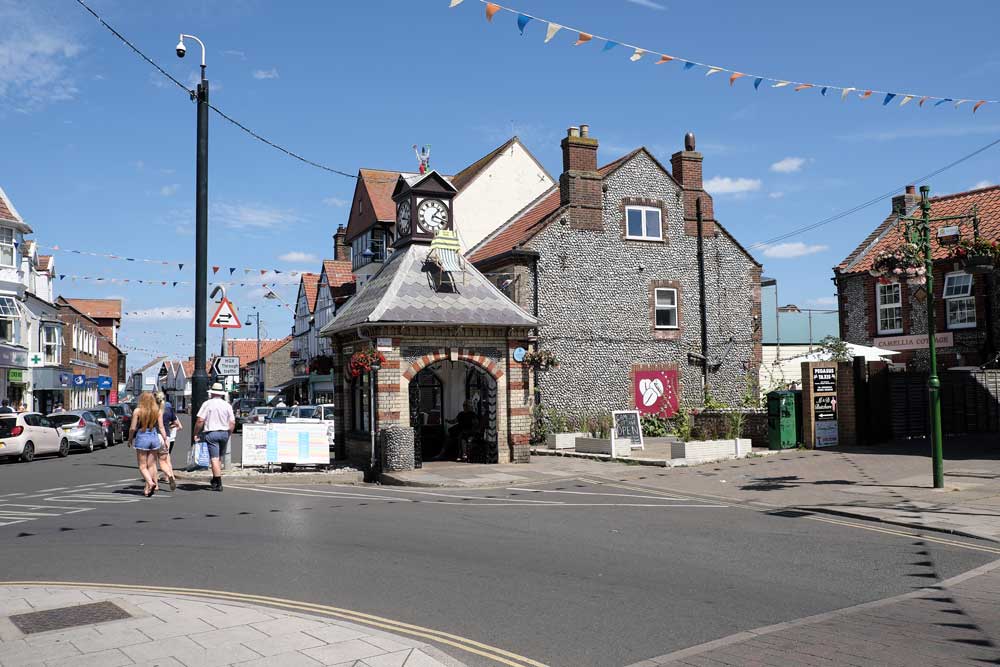 Sheringham Town Clock at the junction of Station Road and High Street Sheringham Norfolk