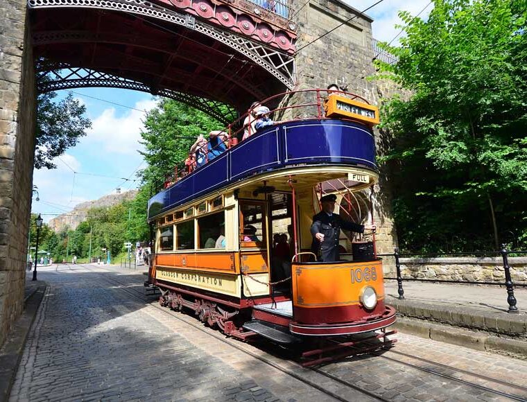 Open top vintage tram from Glasgow Corporation at Crich Tramway Village, Derbyshire
