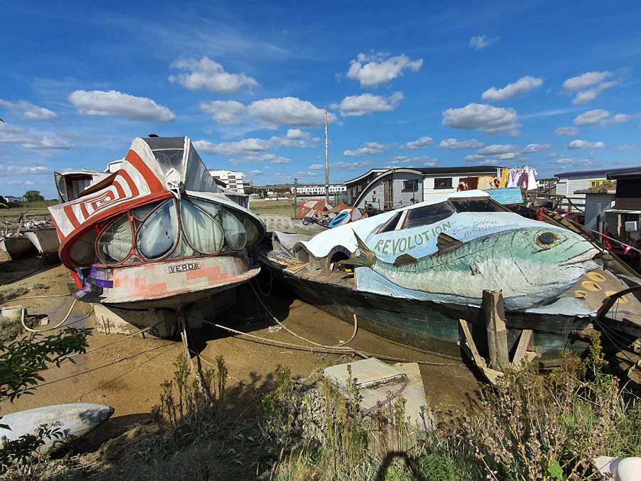 Colourful houseboats Riverside Moorings River Adur Shoreham by Sea West Sussex