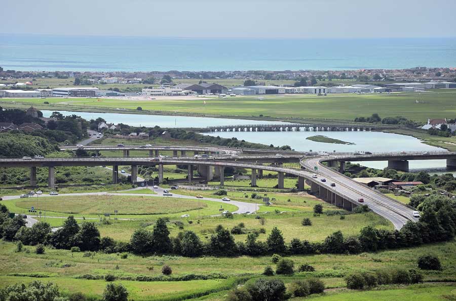 Shoreham Airport, Old Toll Bridge and A27 spaghetti junction Looking across the river Adur to Shoreham by Sea and Lancing.