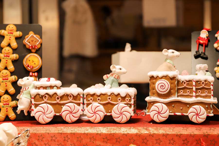 Christmas gingerbread train with decorative mice