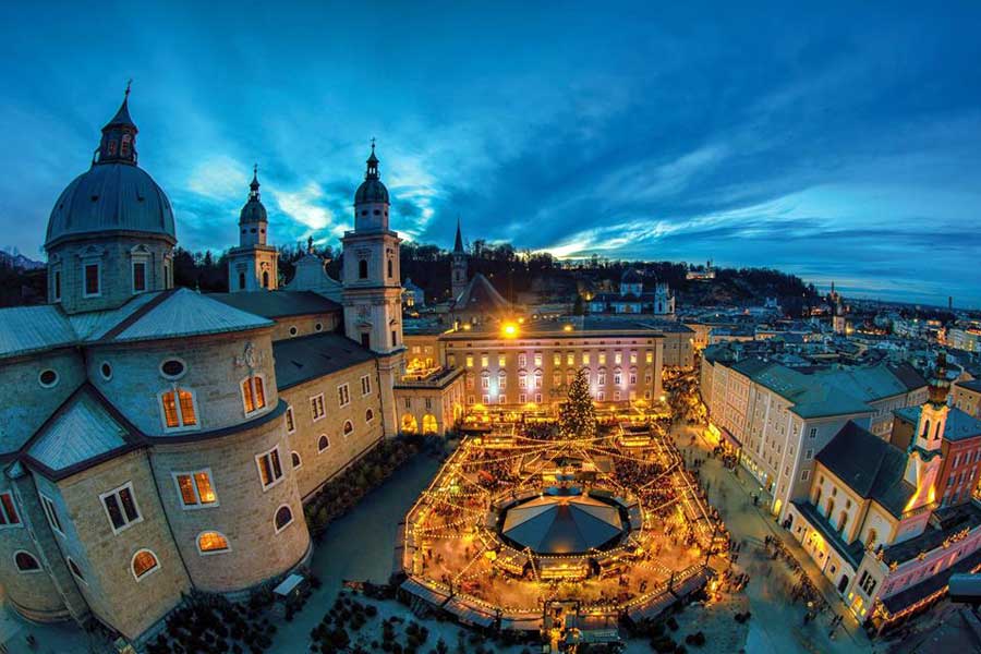 Aerial view of Salzburg Christmas market at dusk Austria