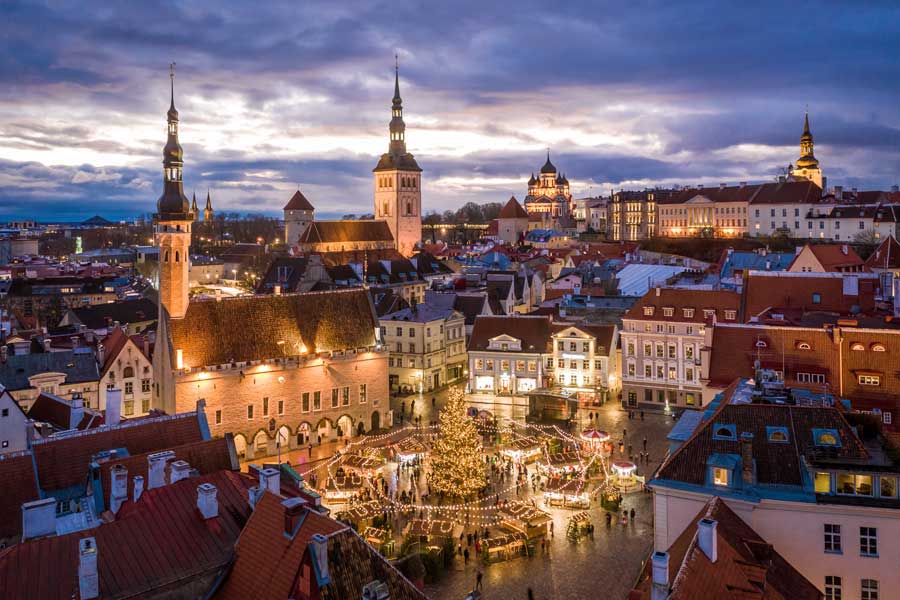 Aerial view of Christmas market and the buildings in the old town Tallinn Estonia Best European Christmas markets