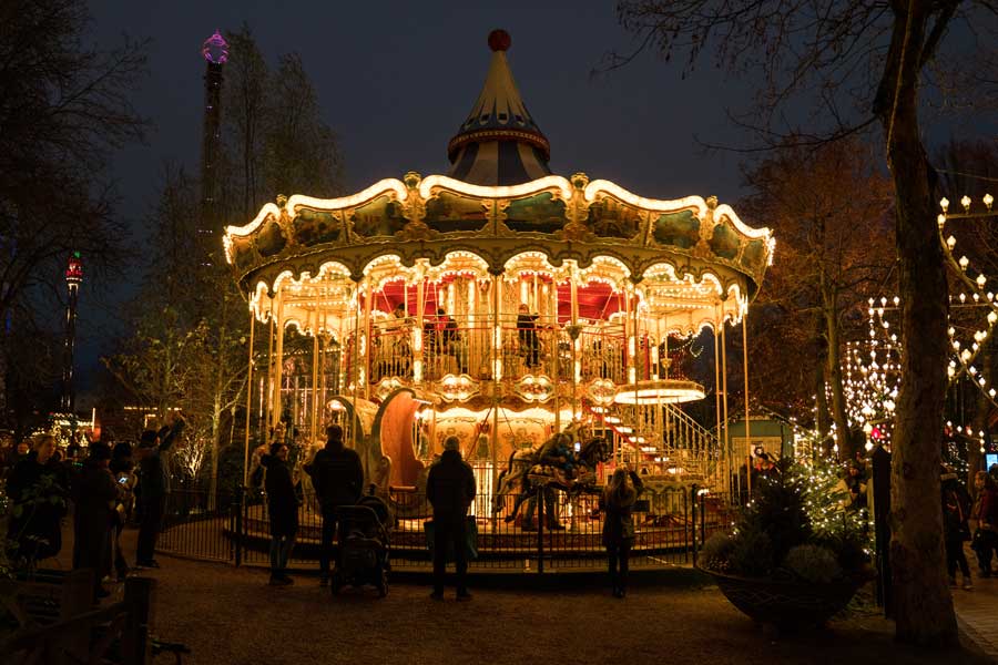 Illuminated Merry Go Round at Tivoli Gardens Christmas 2021 Copenhagen