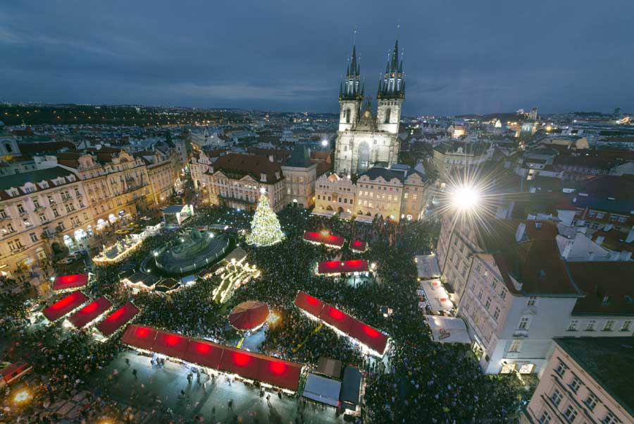 Aerial view of Prague Christmas market at dusk Czech Republic