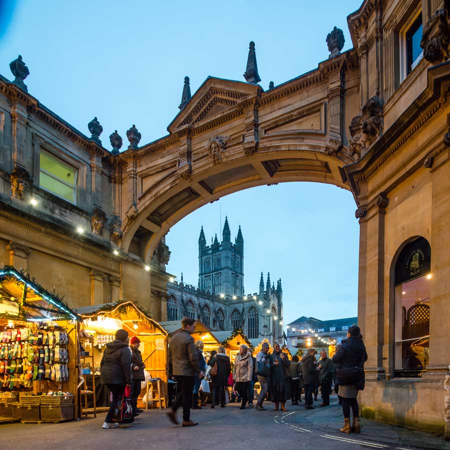 Christmas Market stalls in York Street, Bath UK