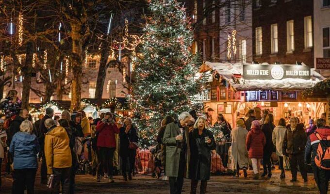 Christmas tree and market stalls at York Christmas Market
