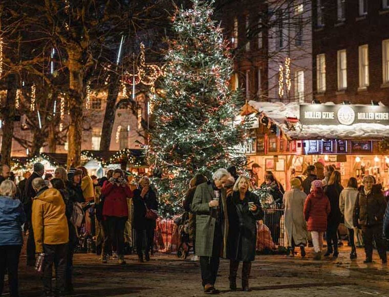 Christmas tree and market stalls at York Christmas Market