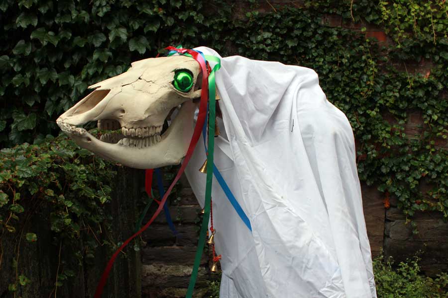 Mari Lwyd horse skull Wales, horse skull on a pole with bells and ribbons