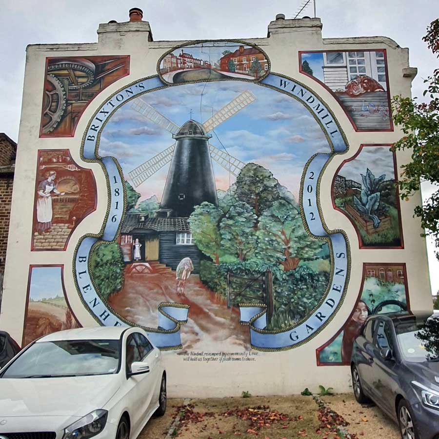 Mural of Brixton windmill on side of house in Brixton London