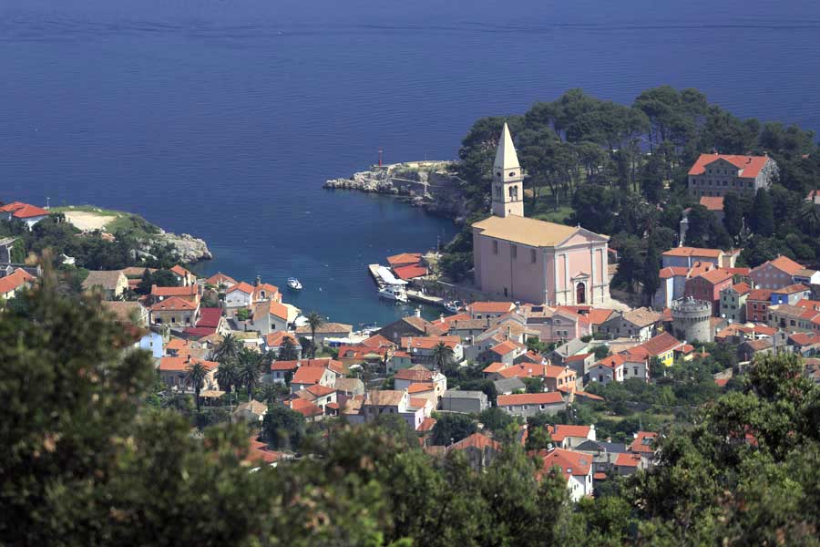 Looking down on the  harbour and church, Veli Losinj, Croatia