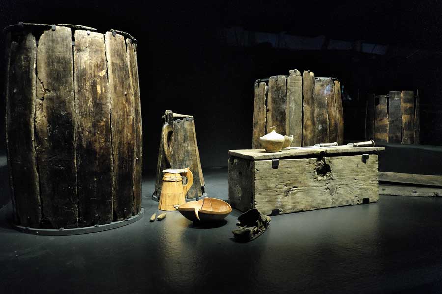 Wooden barrels and chest recovered from the Mary Rose Portsmouth Historic Dockyard