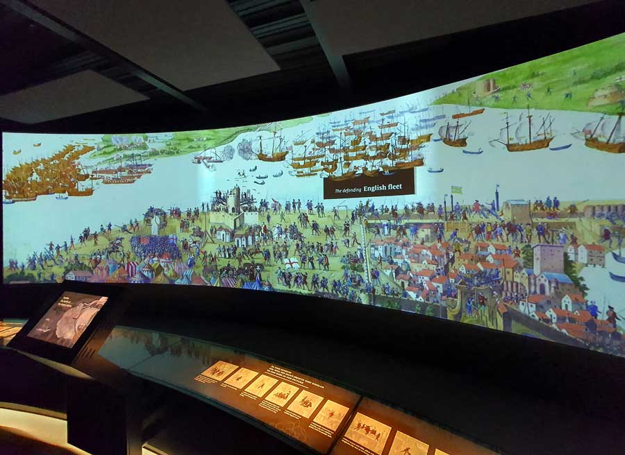 Reproduction of a detailed painting of the Battle of the Solent at the Mary Rose Museum Portsmouth
