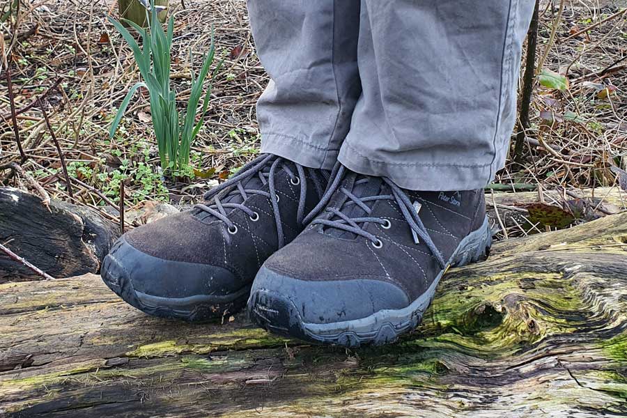 Person wearing walking shoes standing on a log. Walking essentials.