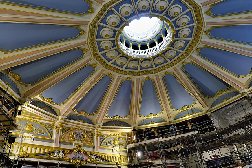 The blue and gold ornate ceiling in Brighton Hippodrome theatre