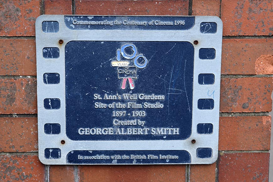 Plaque to George Albert Smith to commemorate the film studio at St Ann's Well Gardens Hove 1897 to 1903
