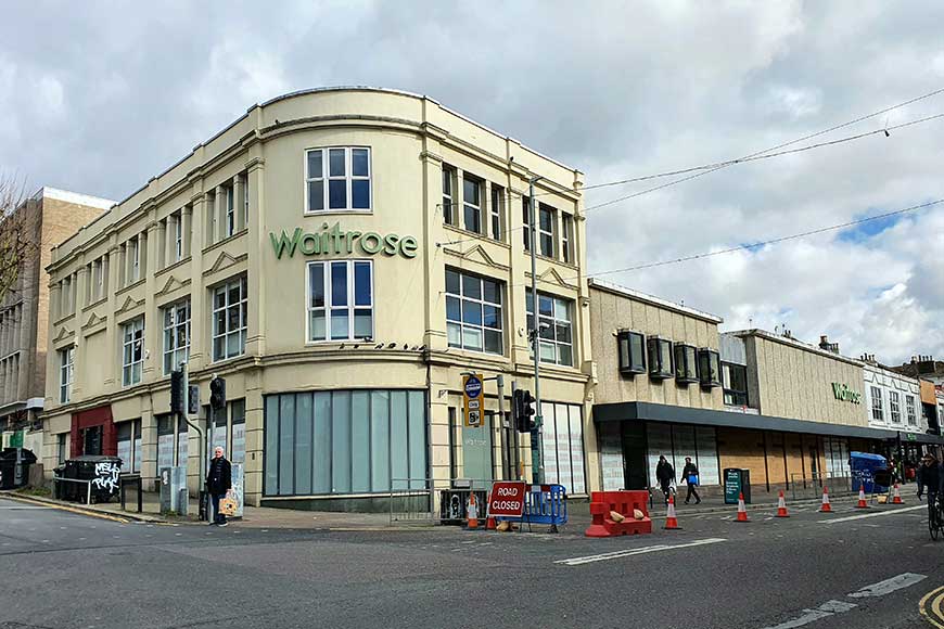 Waitrose Supermarket Western Road Brighton. The building was formally a cinema from 1909 to 1979.
Electric Bioscope (1909-1910)
Queen's Electric Theatre (1910-1915)
Queen's Picture Theatre (1915-1919)
Picturedrome (1919-1922)
Scala Cinema (1922-1932)
Regal Cinema (1932-1936)
Curzon Kinema (1936-1975)
Classic Cinema (1975-1979)