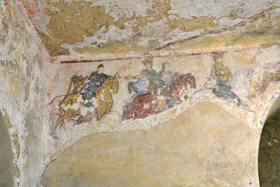 12th century frescoes in St Radegonde chapel in Chinon Indre-et-Loire France possibly depicting Henry II and Eleanor of Aquitaine hunting