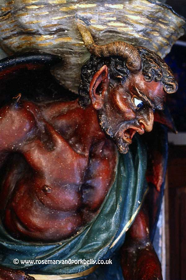 The figure of the Devil Asmodeus supporting the Holy Water Stoup at Rennes le Château in the Languedoc France
© rosemaryandporkbelly
Weird and Wonderful