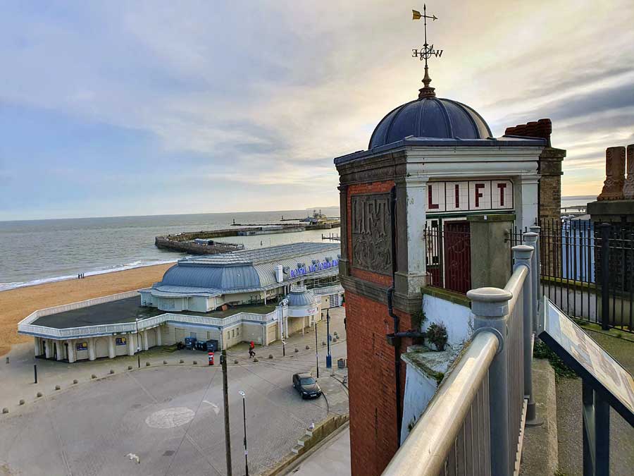 View of Royal Victoria Pavilion and the sea from East Cliff Lift in Ramsgate, Kent