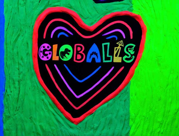 Heart shaped Globalls neon painted sign Brighton Marina East Sussex