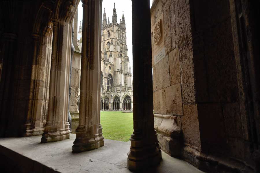 View of the Canterbury cathedral tower from the Cloisters
