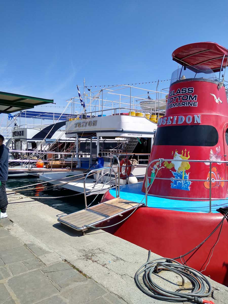 Day trip boats moored in Rhodes Harbour