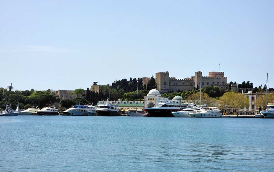 Palace of the Grandmaster viewed from across Mandraki Harbour Rhodes