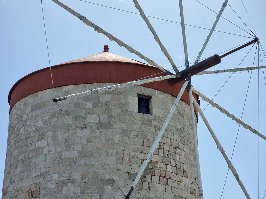 Close up of restored Rhodes windmill in Mandraki Harbour