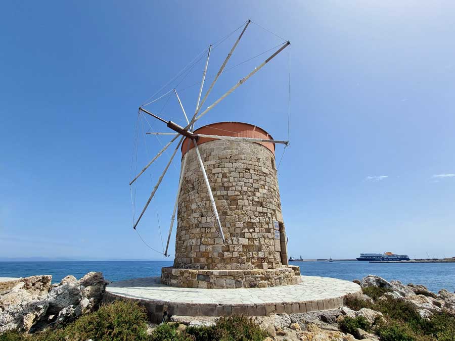 Stone built windmill at Mandraki Harbour Rhodes