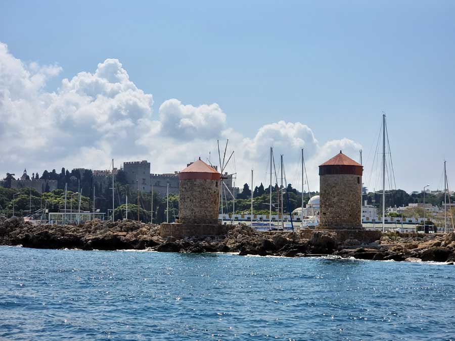 Rhodes windmills and Palace of the Grandmaster viewed