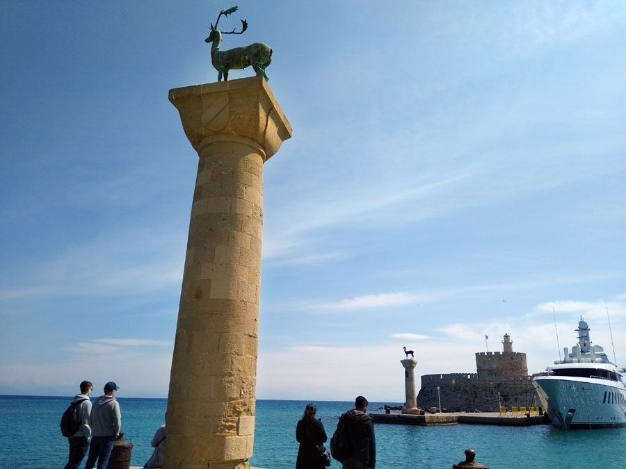 The stag and doe statues at entrance to Mandraki harbour Rhodes, where Colossus may have stood
