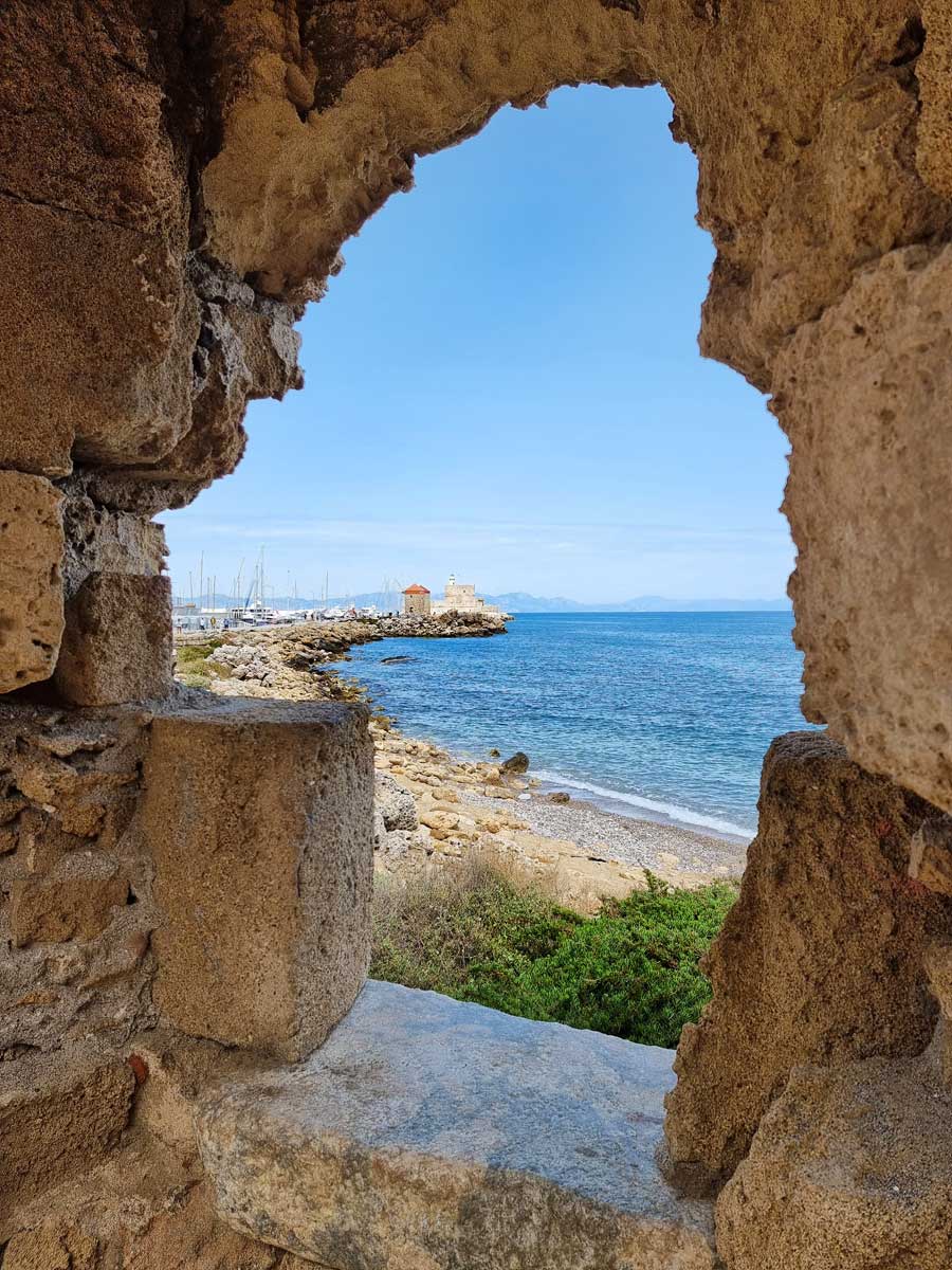 View of Rhodes Harbour and windmills from the ancient walls