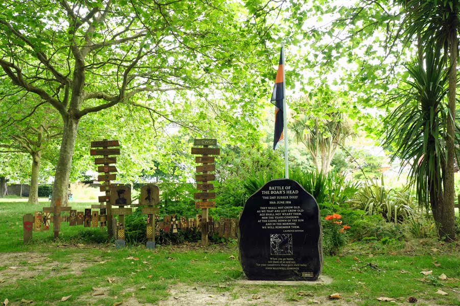 Monument to what's known as The Day Sussex Died - a disastrous WW1 campaign that culminated in the Battle of Boars Head on 30 June 1916 - Beach House Park Worthing West Sussex UK