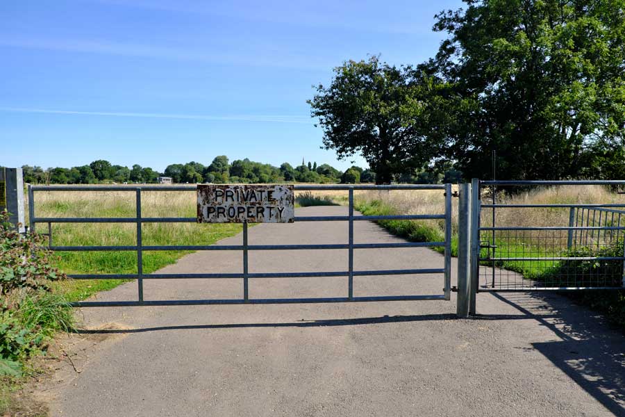 Sign 'Private Property' on gate on the Hemingford Abbots footpath to Houghton in Cambridgeshire