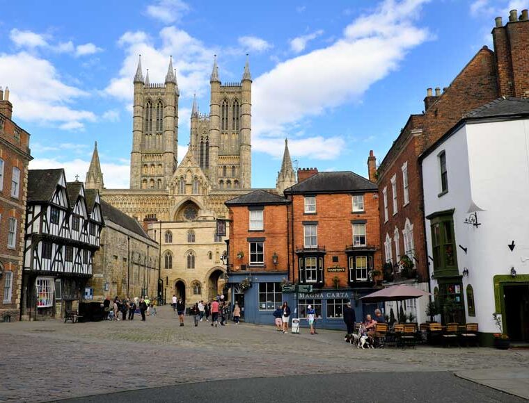 The cobbled streets of Lincoln Cathedral Quarter looking towards the Cathedral