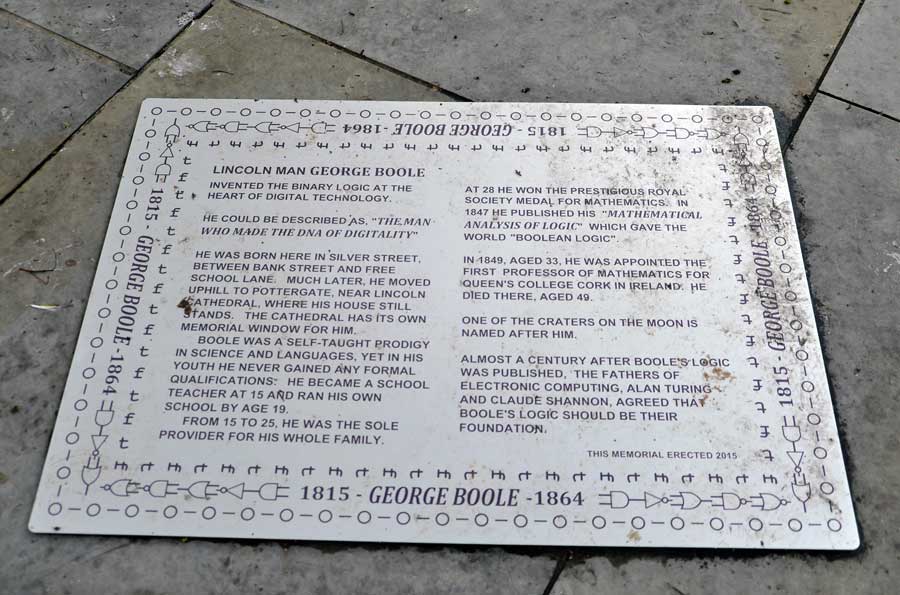Plaque in Silver Street Lincoln commemorating George Boole inventor of 'Boolean Logic',  Lincoln UK