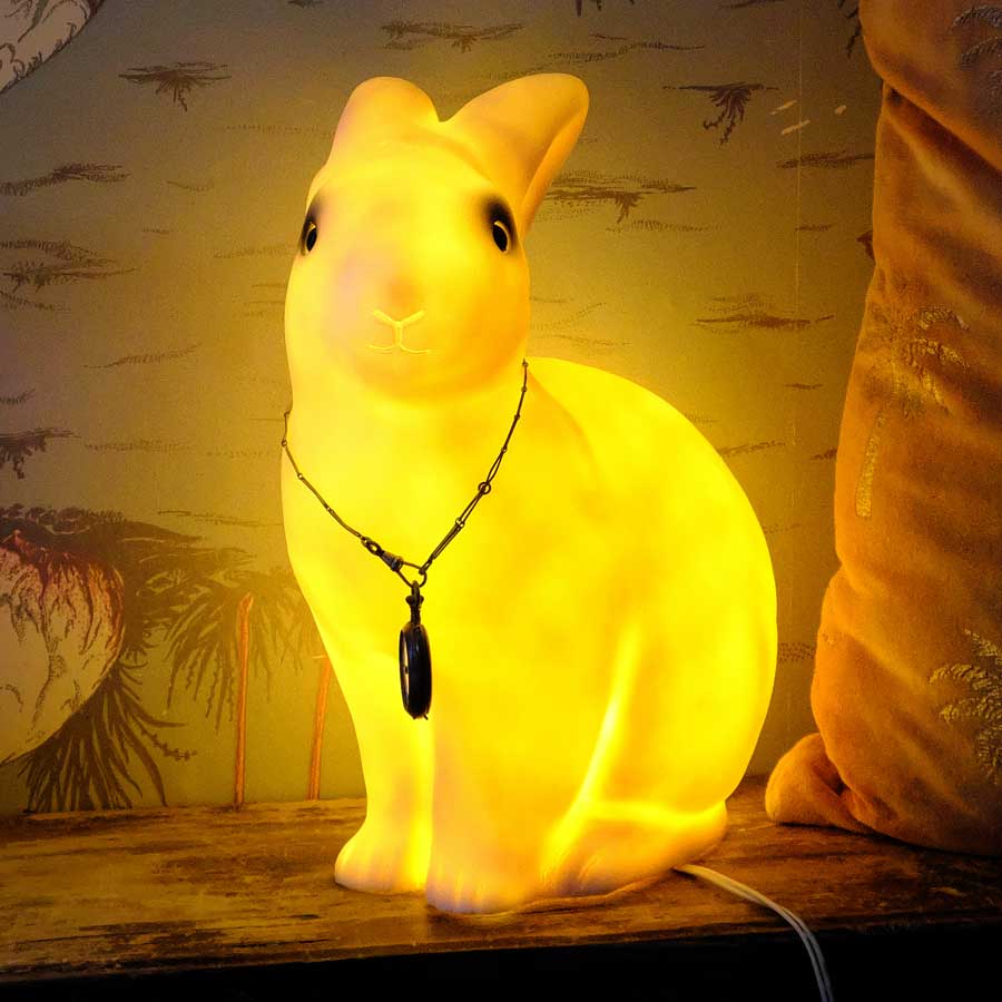 Illuminated rabbit lamp at Looking Glass Cottage, Brighton UK