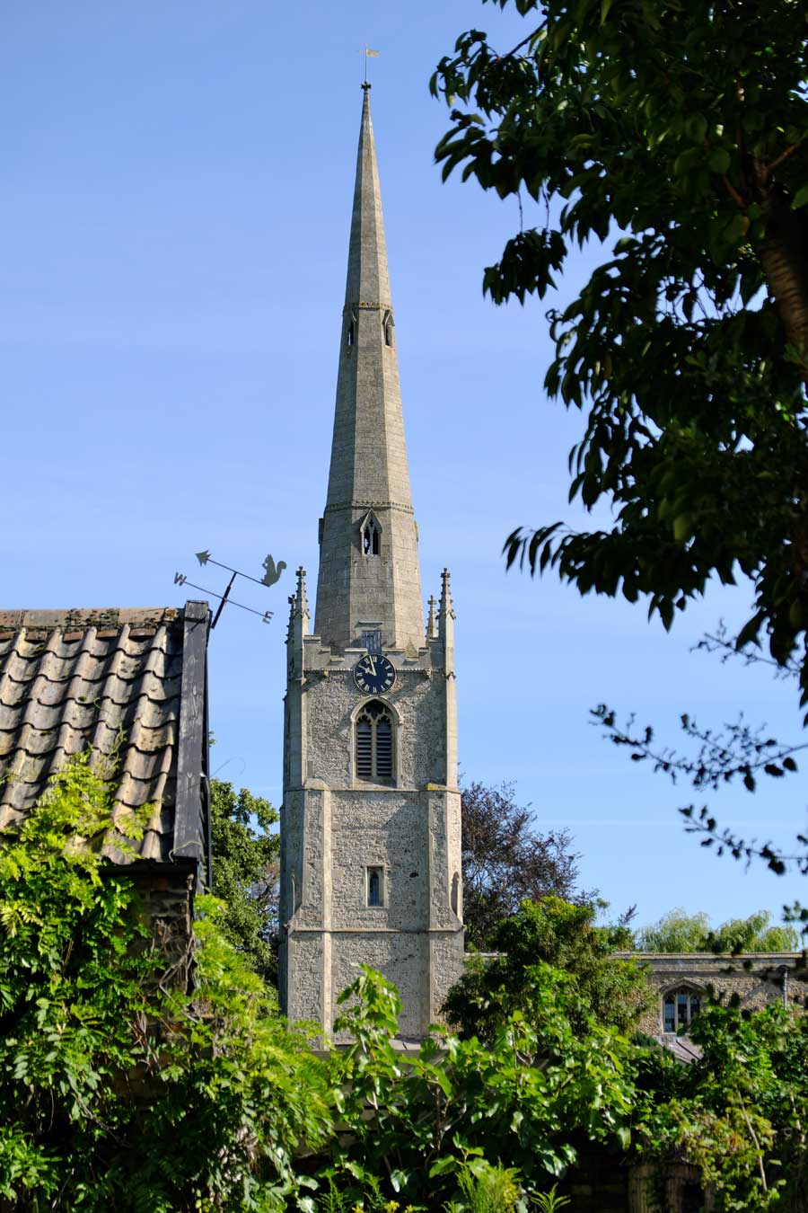 Spire of Saint Margaret of Antioch church in Hemingford Abbots, Cambridgeshire