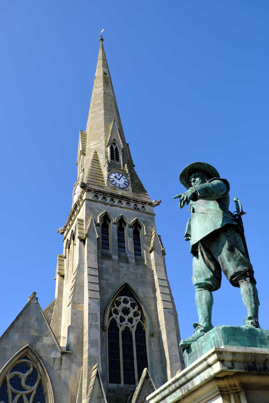 Oliver Cromwell statue and The Free Church, Market Hill, St Ives, Cambridgeshire UK