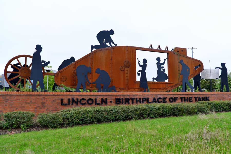 Tank memorial to 'Lincoln birthplace of the tank' on Tritton Road roundabout Lincoln