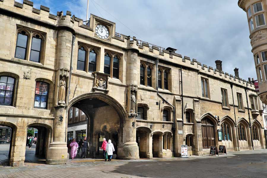 Lincoln's Stonebow, the name for the archway under the Guildhall, and the Guildhall, Lincoln
