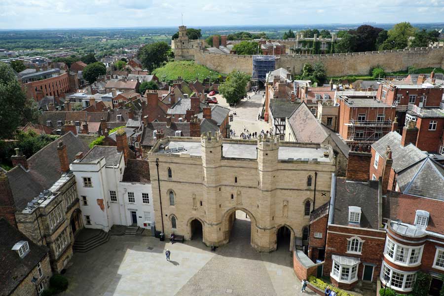 Exchequer Gate and Lincoln Castle viewed from the Cathedral, Lincoln, England