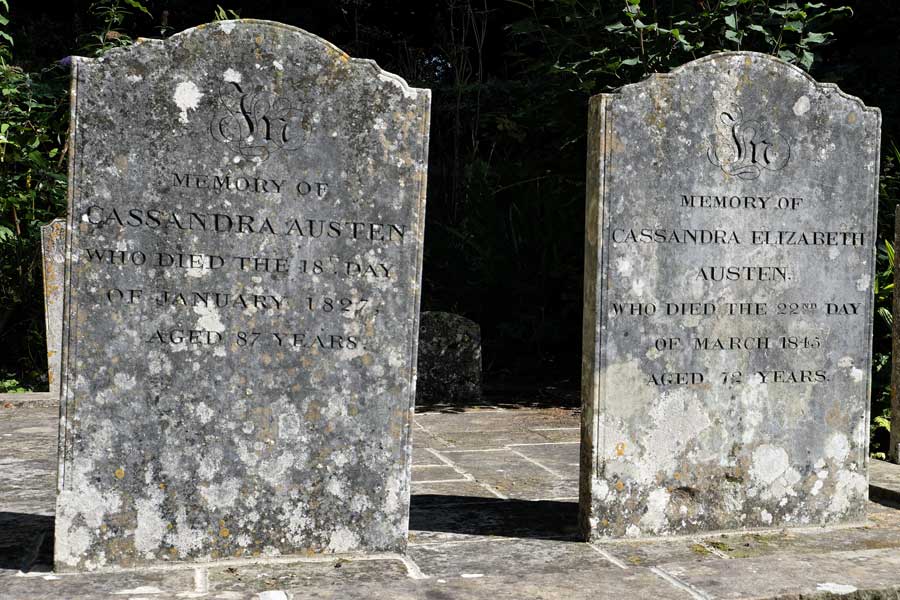 Gravestones of the mother and sister of Jane Austen at St Nicholas church, Chawton, Hampshire, UK