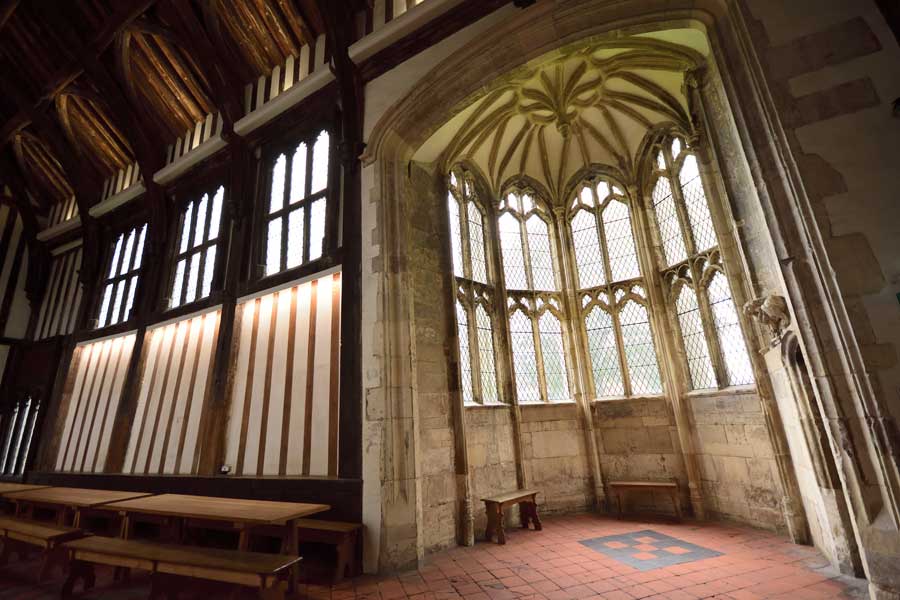 Large ornate window in the Great Hall Gainsborough Old Hall, Lincolnshire UK