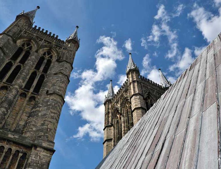 Lincoln Cathedral southwest and northwest towers viewed from the rooftop Lincoln England