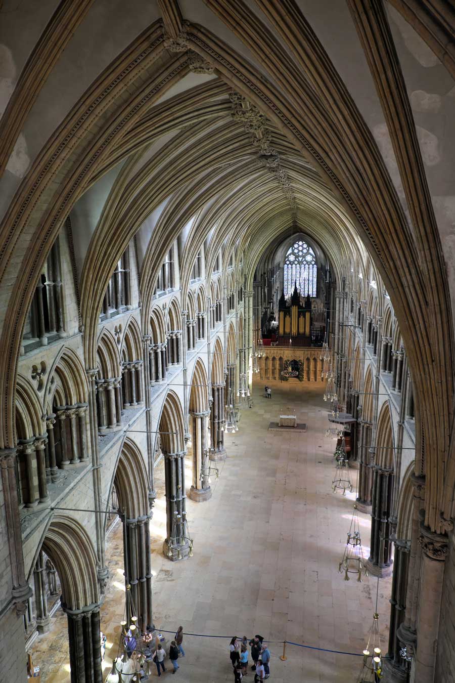 Looking down the nave from the gallery on the roof tour at Lincoln Cathedral