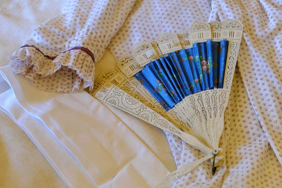 Regency fan and night dress Jane Austen House Chawton, Hampshire UK