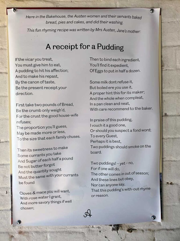 Rhyming recipe 'A receipt for a Pudding' by Cassandra Austen mother of Jane Austen, at the Jane Austen House Chawton, Hampshire UK